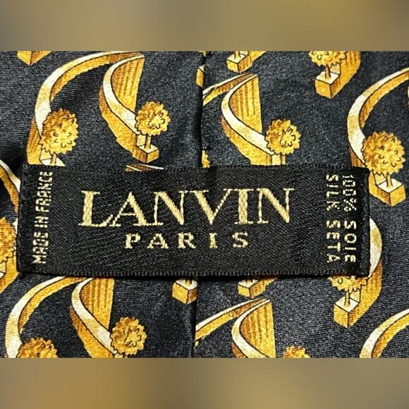 Pair of Authentic LANVIN Paris Paisley Design On Blue Gold 100% Silk Necktie Tie - Picture 5 of 11